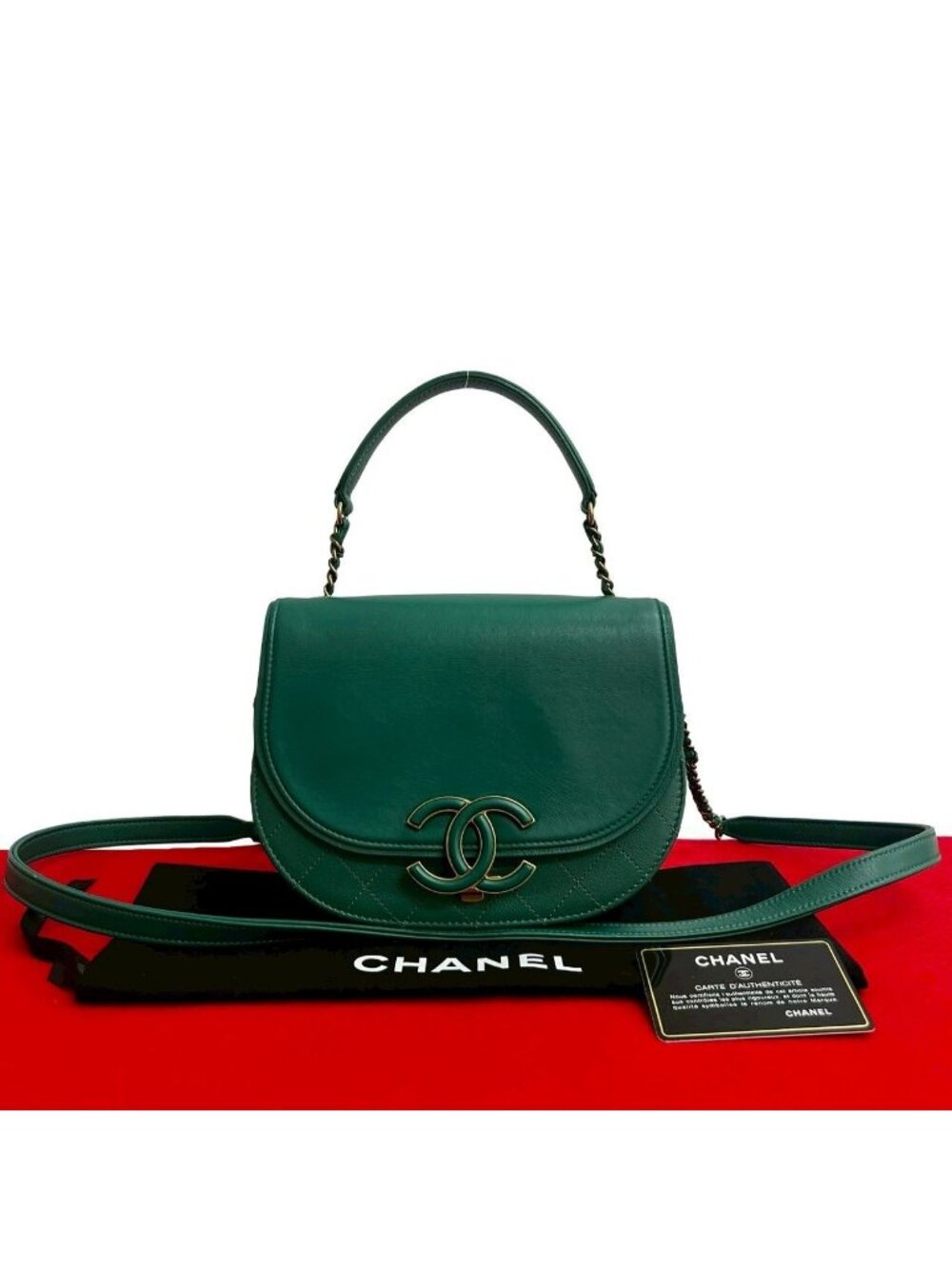 Chanel Coco Curve Jumbo CC Logo Calf Leather Chain Shoulder Bag Green